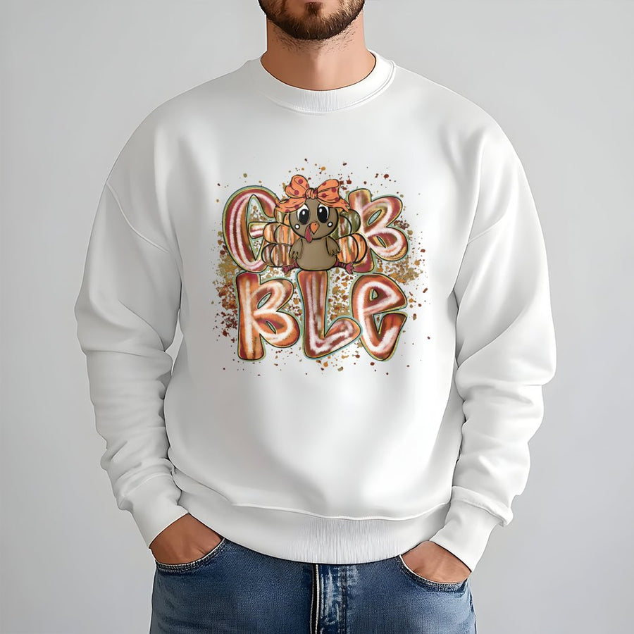 Gobble Turkey Sweatshirt | Coquette Bow Fall Graphic Print | Premium Cotton-Poly Blend | Thanksgiving Gift for Women & Girls