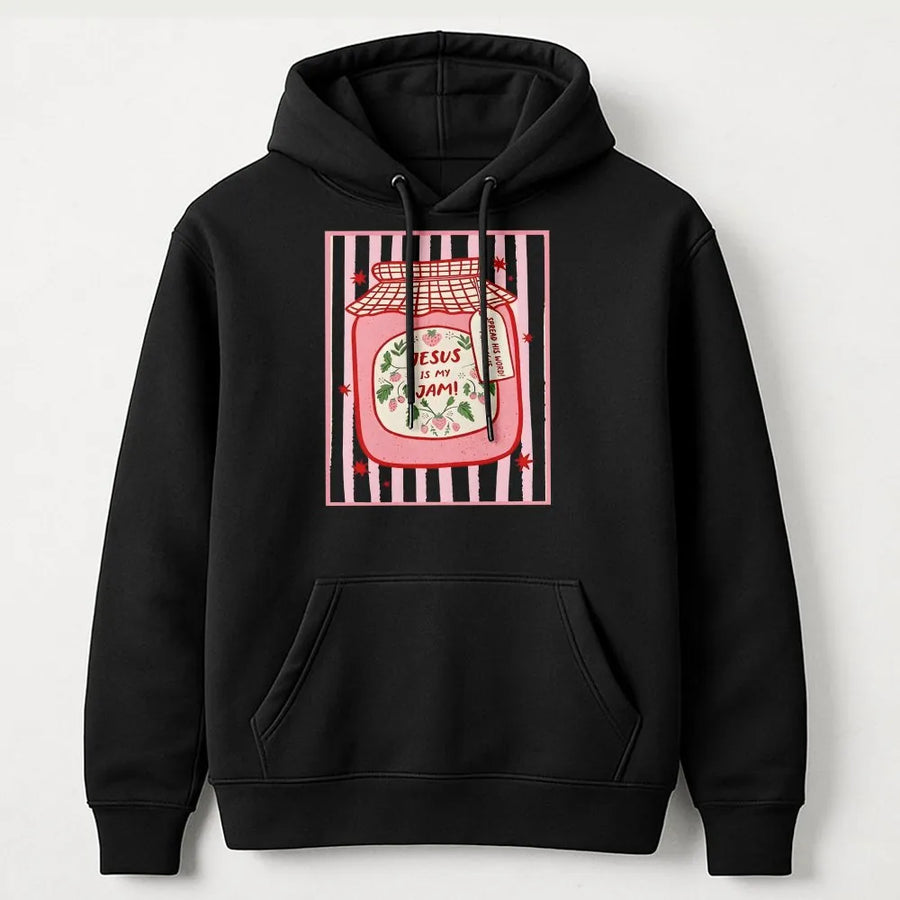Jesus Is My Jam Hoodie | Cute Strawberry Jam Jar Graphic | Soft Cotton Blend Pullover | Faith Based Gift for Christian Women