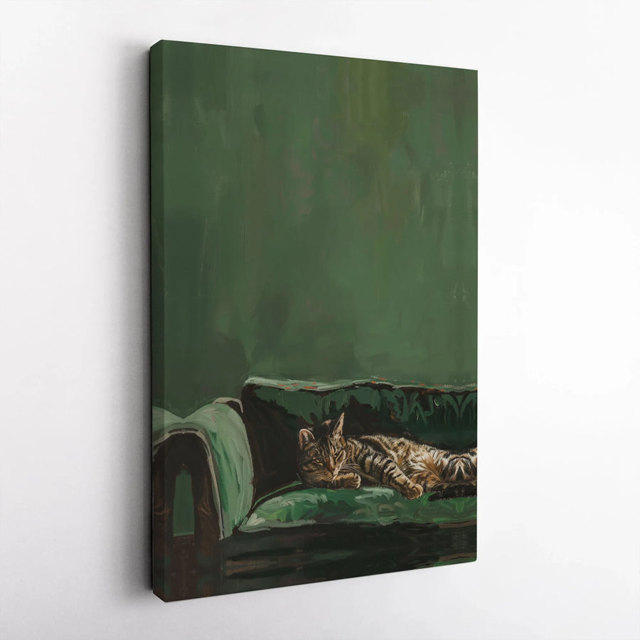 Tabby Cat Wall Art | Sleeping Cat on Green Sofa Painting | Premium Gallery Wrap Canvas Print | Cozy Animal Home Decor Gift