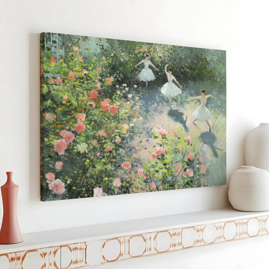 Ballerina Garden Canvas Wall Art | Impressionist Dancers in Rose Garden Painting | Premium Gallery Wrapped Canvas | Romantic Living Room Decor Gift