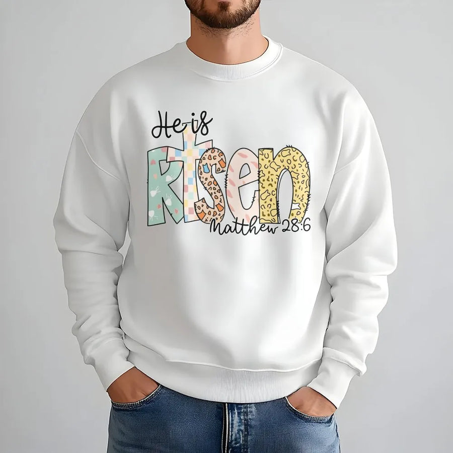 He is Risen Sweatshirt | Pastel Bible Verse Graphic, Matthew 28:6 | Premium Cotton Blend | Christian Easter Gift for Women