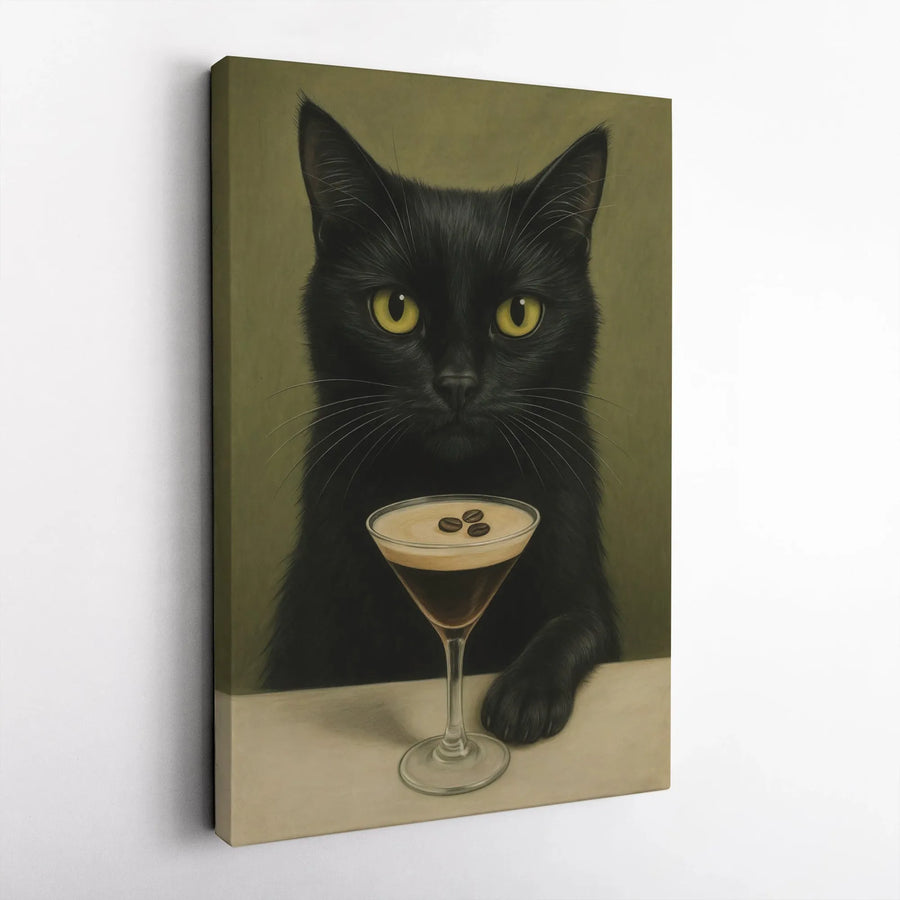 Black Cat Espresso Martini Wall Art | Whimsical Kitchen Wall Decor | Premium 1.25-Inch Gallery Wrapped Canvas | Coffee Lover Gift Idea