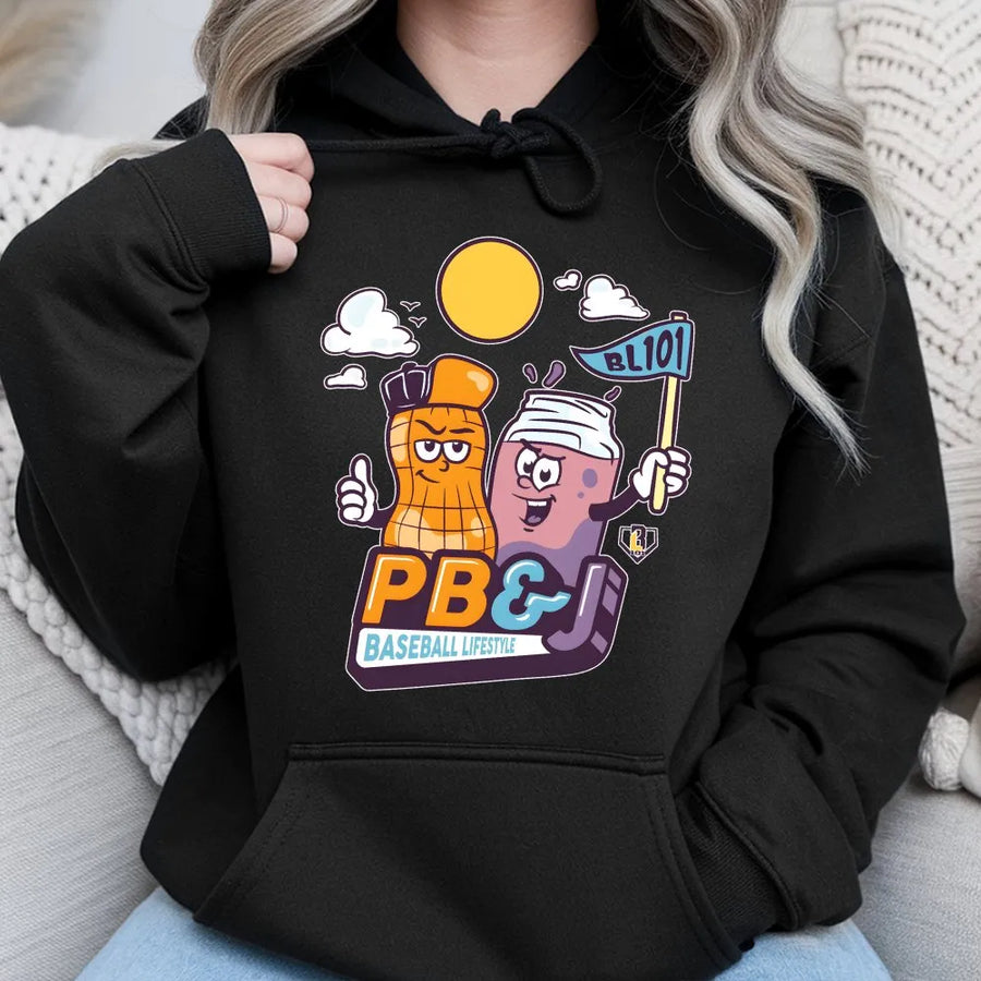 Funny PB&J Baseball Hoodie | Cartoon Peanut & Jelly Graphic | Soft Cotton Unisex Tee | Gift for Baseball Lover and Softball Fans
