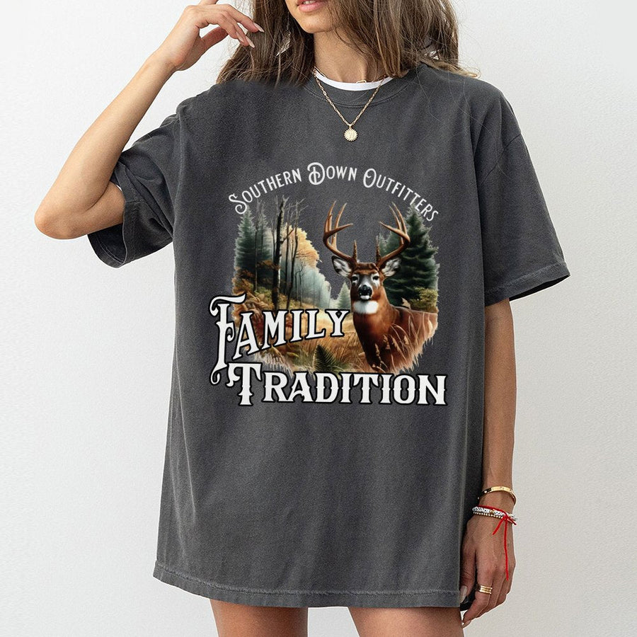 Hunting T-Shirt Family Tradition | Majestic Buck Wildlife Graphic | Premium 100% Cotton Apparel | Gift for Deer Hunters and Outdoorsmen
