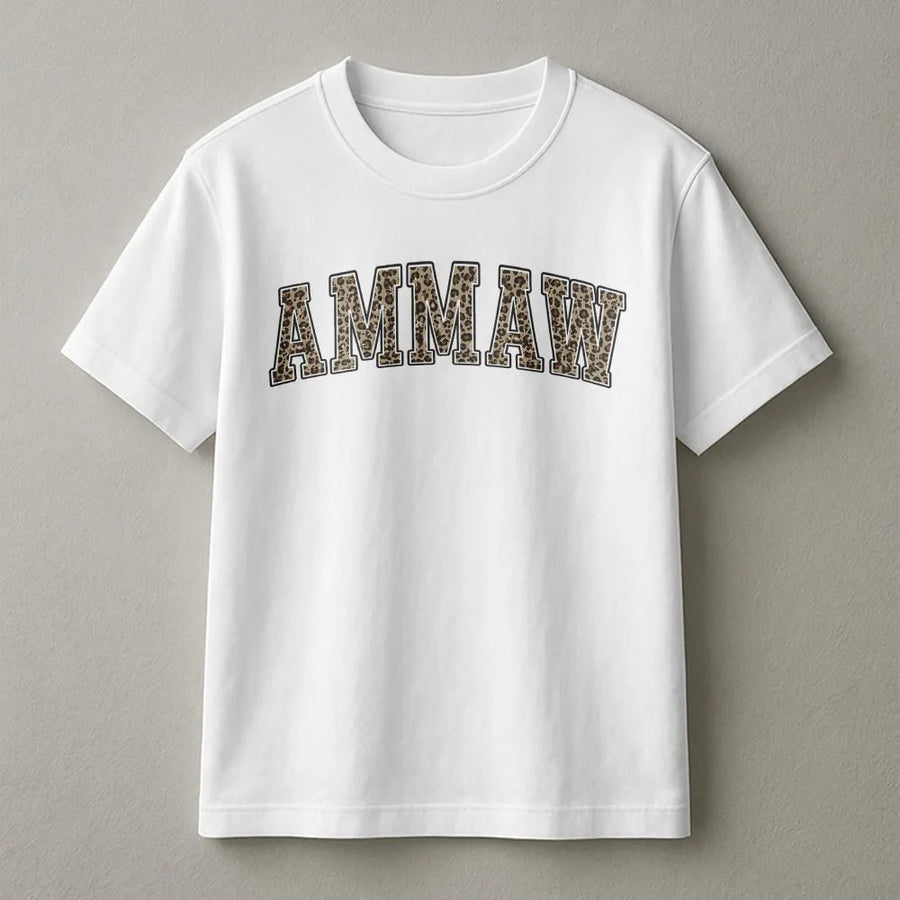 Ammaw T-Shirt | Leopard Print Varsity Letters | Cozy Fleece Pullover | Mother's Day Gift for Grandma, Pregnancy Announcement