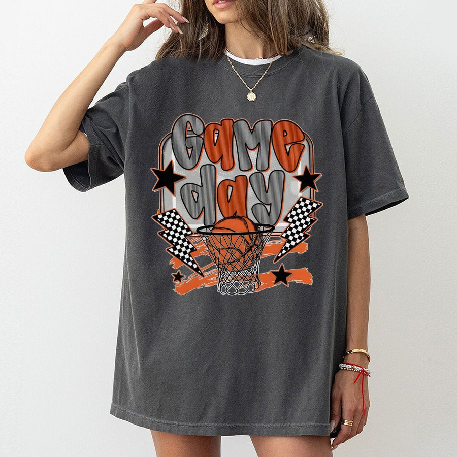Game Day Basketball T-Shirt | Retro Checkerboard Hoop Graphic | Premium 100% Cotton Tee | Sporty Gift for Basketball Mom & Fan