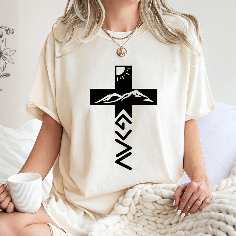 God Is Greater Than Highs And Lows T-Shirt | Christian Mountain Cross Graphic | Premium Cotton Unisex Tee | Religious Faith Gift For Men Women