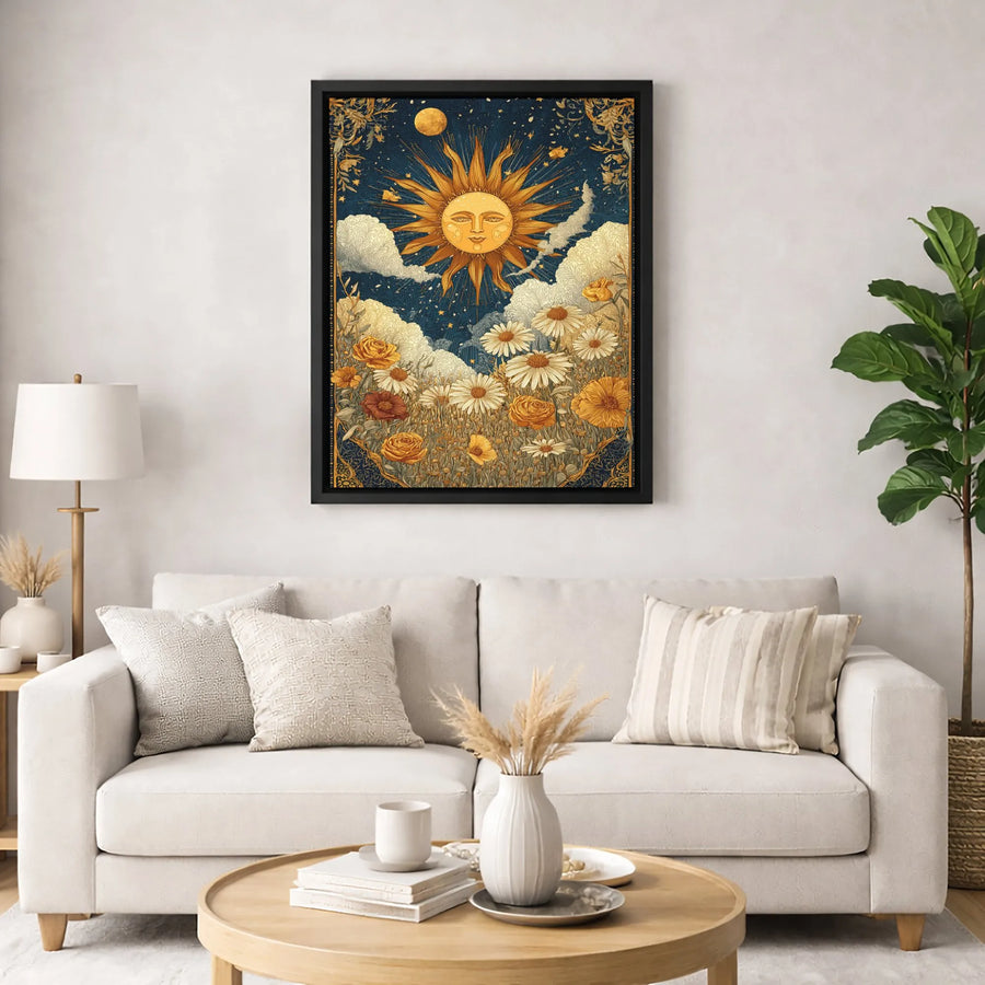 Celestial Sun and Moon Canvas Art | Art Nouveau Wildflower Wall Decor | Premium 1.25 Inch Gallery Wrap | Mystical Boho Home Gift for Her