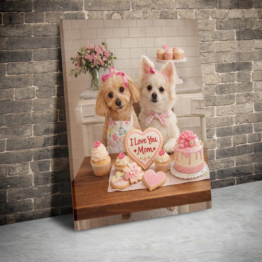 Dog Mom Canvas Wall Art | Cute Puppies Baking Mother's Day Treats | Premium Matte Gallery Print | Unique Gift for Dog Lovers & Moms