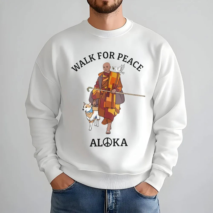 Walk For Peace Sweatshirt | Buddhist Monk and Dog Graphic | Premium Cotton Blend | Zen Mindfulness Gift for Meditation Lovers
