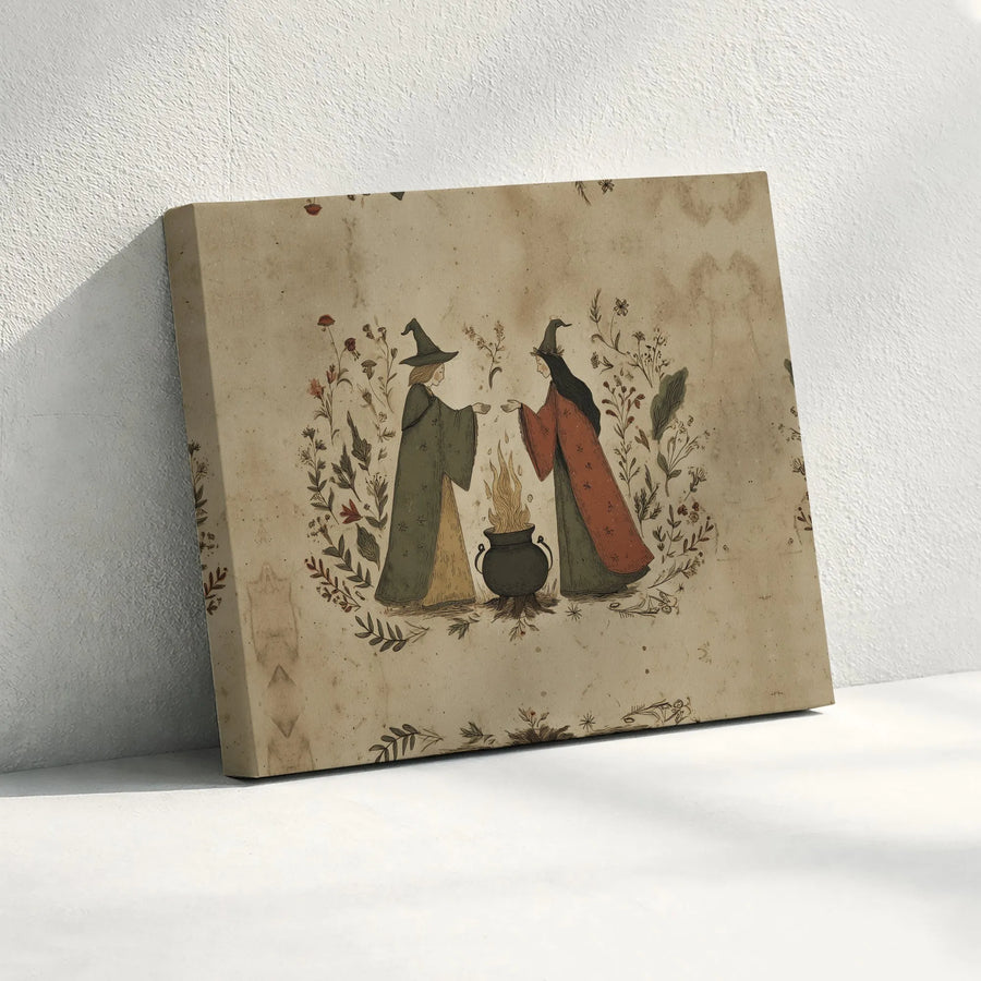 Vintage Witch Coven Canvas Print | Botanical Witches & Cauldron Illustration | Premium Gallery Wrap | Cottagecore Home Decor Gift