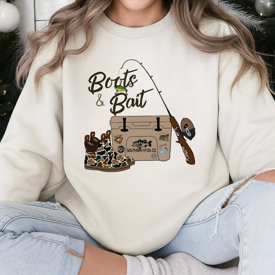 Boots and Bait Fishing Sweatshirt | Rustic Camo Country Graphic | Cotton Blend Unisex Pullover | Perfect Gift for Fisherman and Outdoorsmen