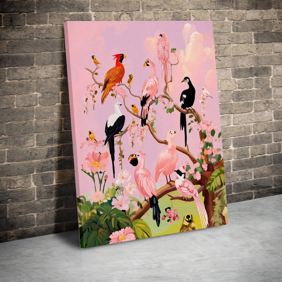 Exotic Birds on Branch Canvas Art | Vintage Botanical Bird Painting Print | Premium Gallery Wrapped Canvas | Gift for Bird Lover & Living Room Decor