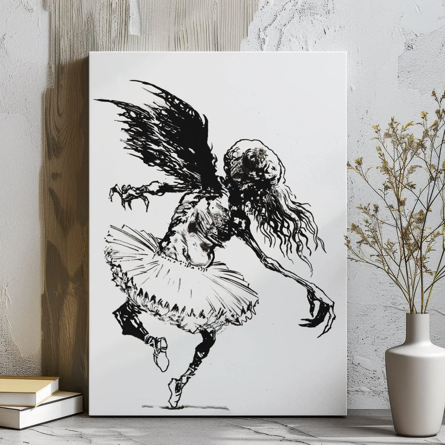 Dark Art Zombie Ballerina Canvas | Gothic Horror Winged Dancer Ink Sketch | Premium Gallery-Wrapped Wall Decor | Edgy Home Decor Gift