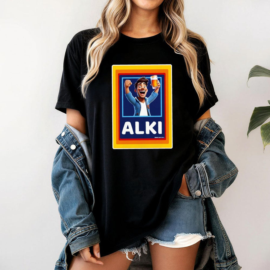 Alki Funny Graphic T-Shirt | Retro Beer Drinking Design | 100% Premium Cotton Crewneck | Humorous Alcohol Gift For Men And Women
