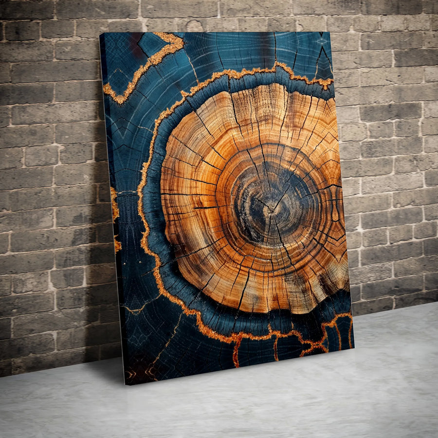 Abstract Tree Ring Canvas Wall Art | Blue and Gold Wood Slice Print | 1.25-Inch Thick Gallery Wrap | Modern Nature Home Decor Gift