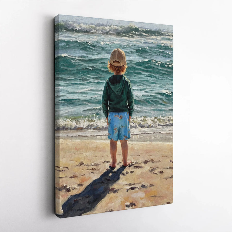 Boy by the Ocean Canvas Print | Nostalgic Painterly Seascape | Premium Gallery Wrap Canvas | Coastal Home Decor Gift