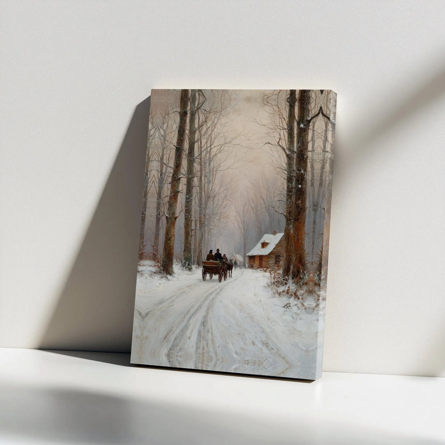 Winter Forest Canvas Art | Horse Drawn Carriage Snowy Cabin Scene | Premium Gallery Wrap Print | Festive Home Decor Wall Hanging