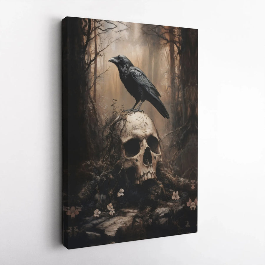 Gothic Raven On Skull Canvas Art | Dark Forest Moody Wall Decor | Premium 1.25" Gallery Wrap | Occult Aesthetic Gift for Macabre Decor Lovers