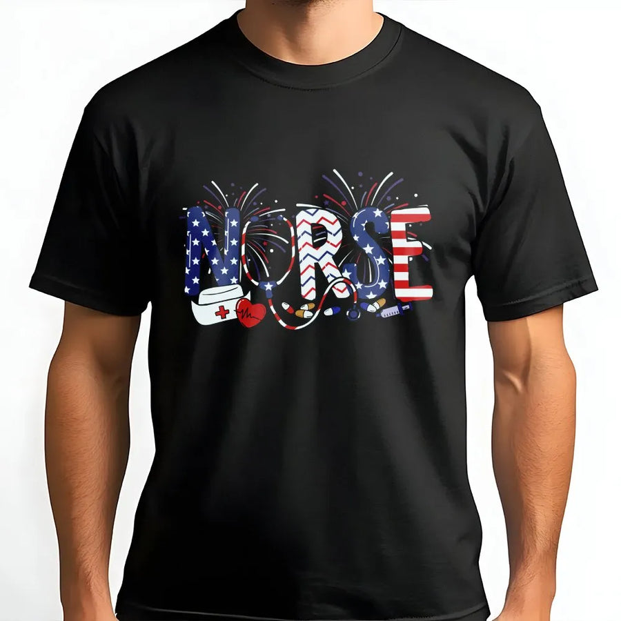 Patriotic Nurse T-Shirt | American Flag Medical Graphic | Soft Cotton USA Tee | 4th of July Independence Day Gift for Nurse