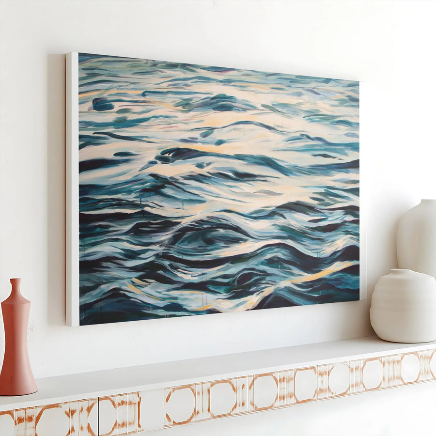 Abstract Ocean Waves Canvas Wall Art | Calm Seascape Painting Print | Premium 1.25" Thick Canvas | Modern Coastal Home Decor Gift