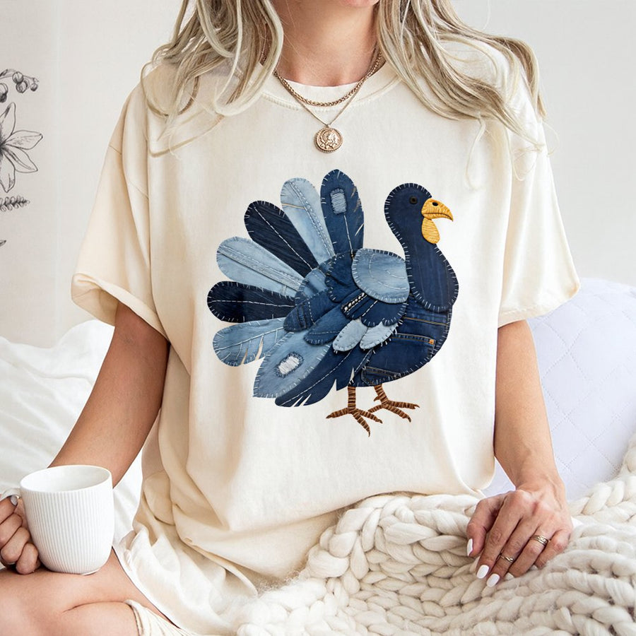 Denim Patchwork Turkey T-Shirt | Rustic Farmhouse Thanksgiving Design | 100% Cotton Premium Quality | Festive Fall Graphic Tee for Men and Women