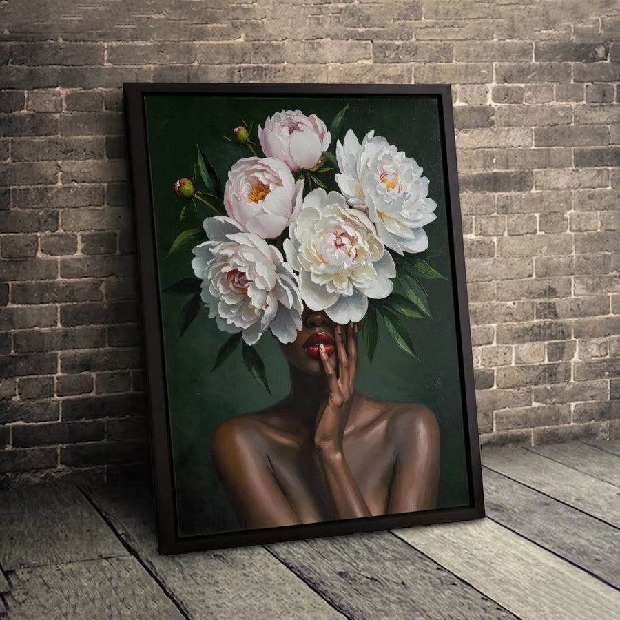 Black Woman Peony Portrait Canvas Art | Botanical Surrealism Wall Decor | Premium 1.25" Gallery Wrap | Modern Home Office Gift