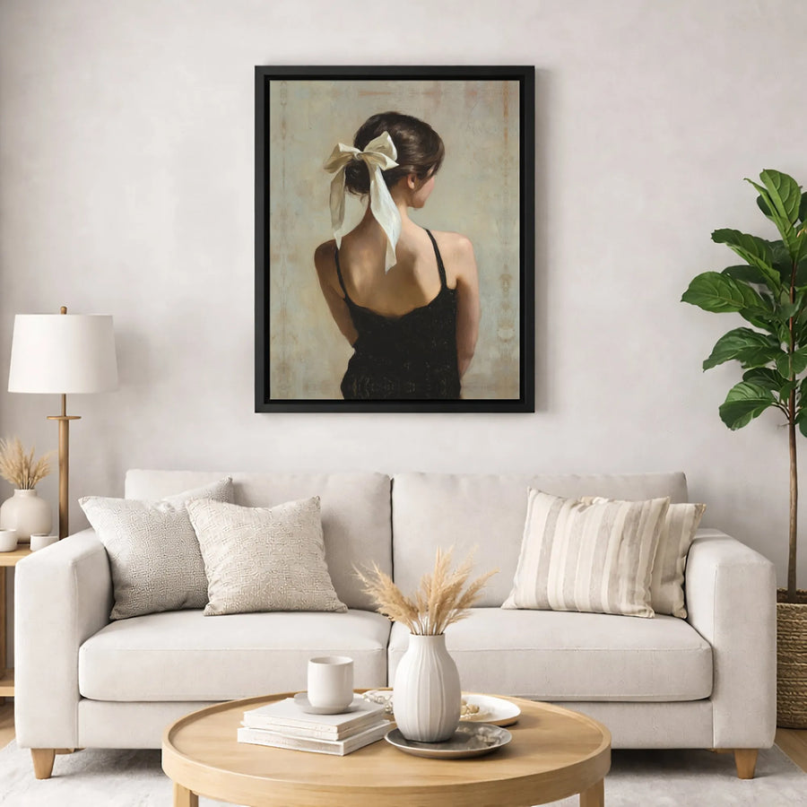 Woman Back Portrait Canvas Art | Elegant White Bow Hair Style | Premium Gallery Wrap Print | Minimalist Aesthetic Home Decor Gift