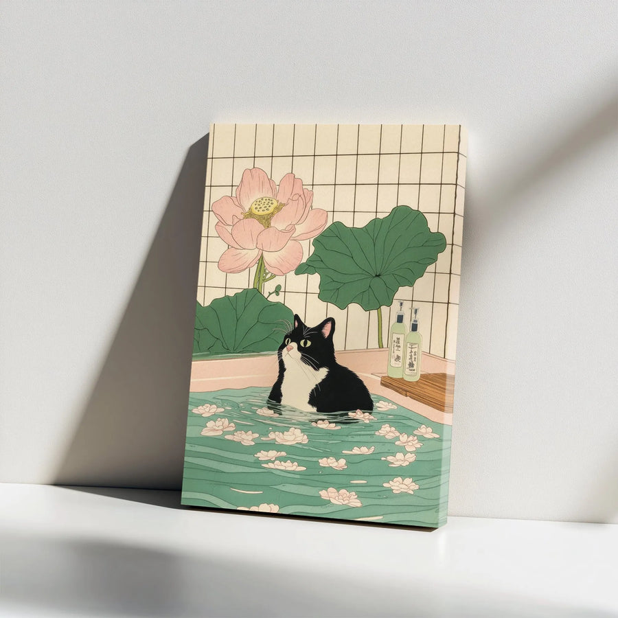 Japanese Cat Art Vertical Canvas | Ukiyo-e Style Black Cat in Lotus Bath | Premium Gallery Wrap Canvas | Unique Bathroom Wall Decor Gift for Cat Lovers
