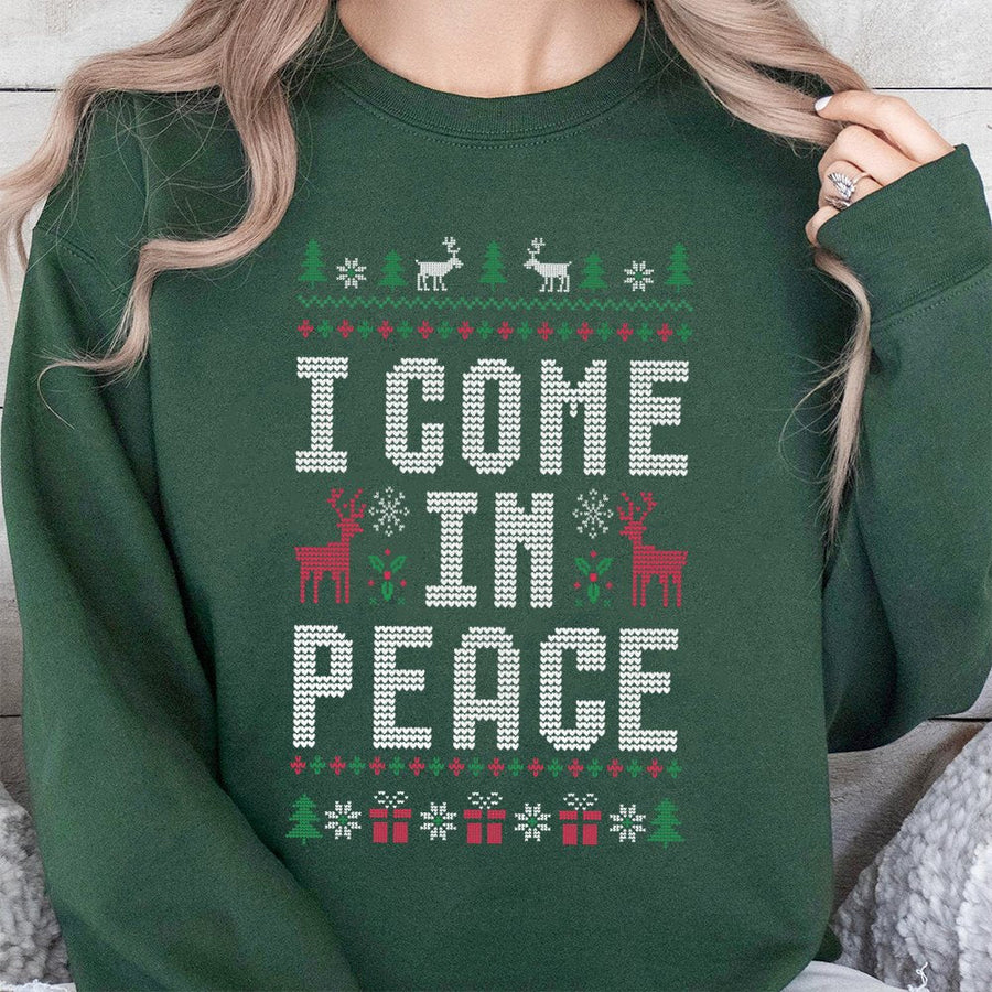 I Come In Peace Ugly Christmas Sweatshirt | Funny Alien Holiday Graphic Tee | Soft Cotton Blend Unisex Pullover | Festive Gift for Men and Women
