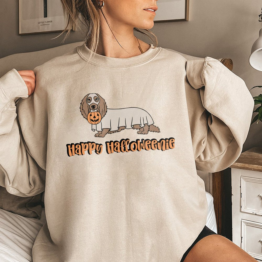 Dachshund Ghost Sweatshirt | Happy Halloweenie Graphic Design | Premium Cotton Blend | Funny Halloween Gift For Dog Mom & Dachshund Lovers