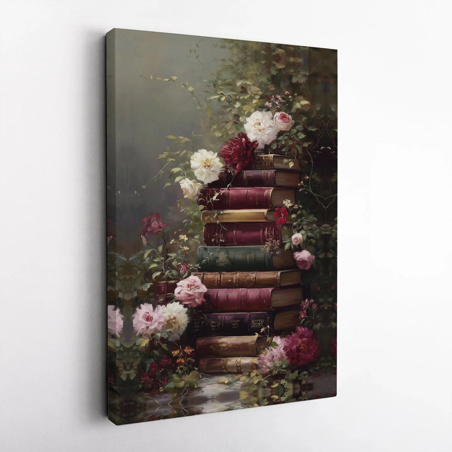 Dark Academia Books Canvas Wall Art | Vintage Floral Bookstack Painting | Premium Gallery Wrapped Canvas | Unique Gift for Book Lover and Reader