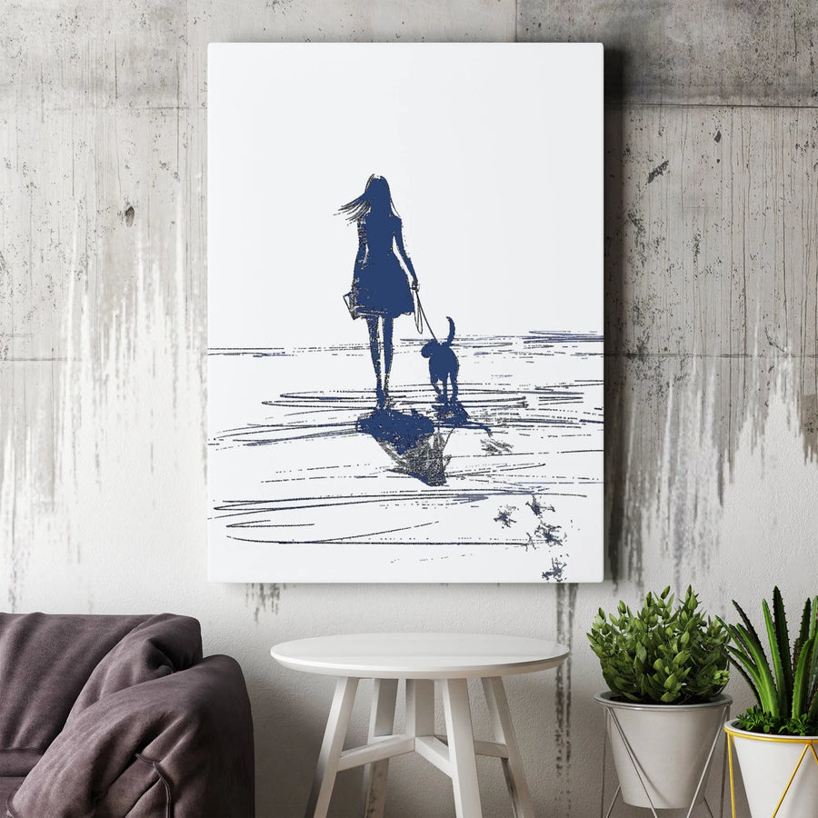 Woman Walking Dog Canvas Wall Art | Minimalist Sketch Silhouette Print | Premium Fade-Resistant Gallery Wrap | Modern Home Decor Gift