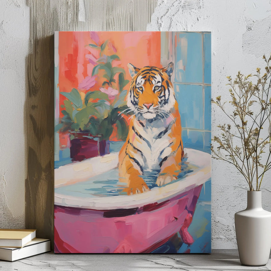 Tiger In A Pink Bathtub Canvas Wall Art | Whimsical Animal Oil Painting Style | 1.25" Thick Gallery Wrap | Unique Home Decor Gift For Animal Lovers