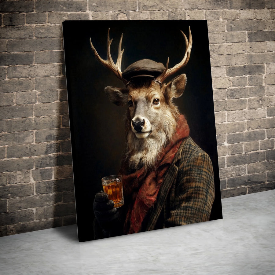 Dapper Deer Canvas Wall Art | Anthropomorphic Stag in Flat Cap & Tweed | Premium Gallery Wrapped Decor | Unique Whiskey Bar Gift for Him