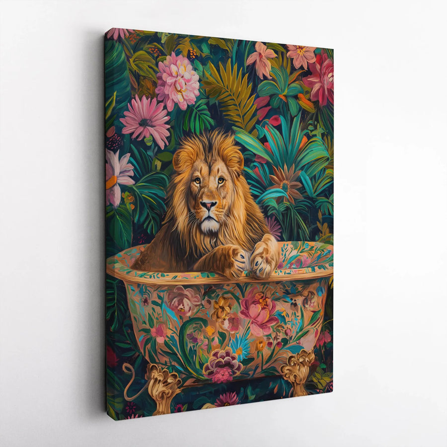 Lion In Bathtub Canvas Wall Art | Botanical Jungle Floral Print | Premium Gallery-Wrapped Decor | Unique Bathroom Living Room Gift