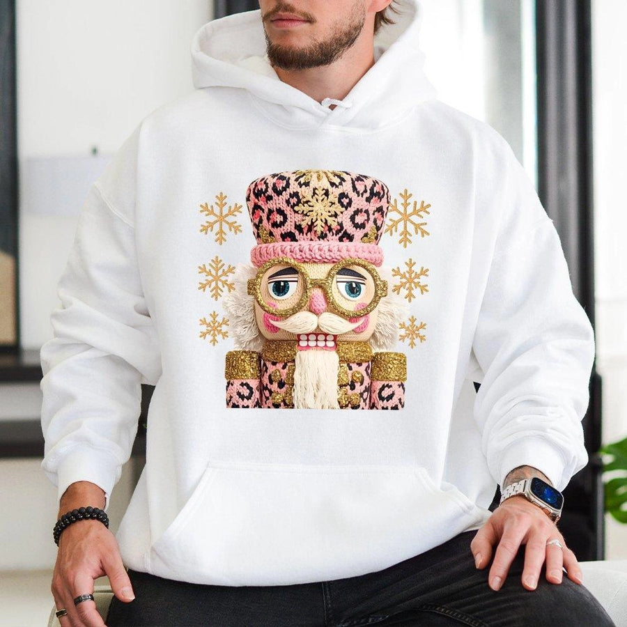 Nutcracker Christmas Hoodie | Pink Leopard Print Crochet Graphic | Premium Cotton Blend | Holiday Gift For Her