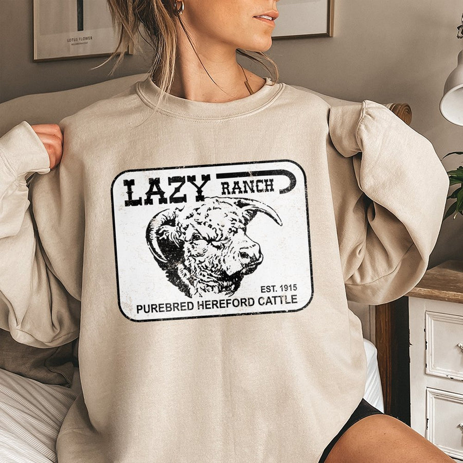 Lazy Ranch Hereford Cattle Sweatshirt | Vintage Farm Life Graphic Print | Premium Cotton Blend Crewneck | Unisex Country Western Gift for Farmers