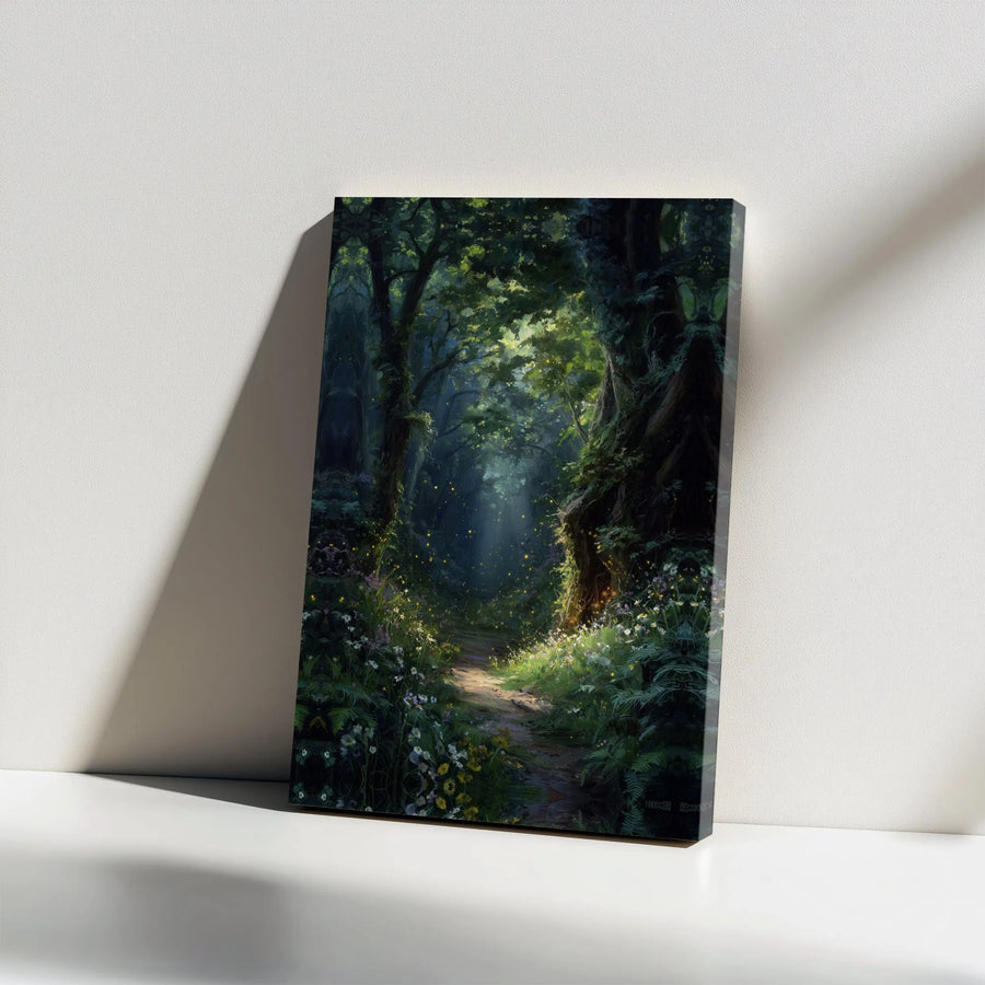 Enchanted Forest Canvas Wall Art | Mystical Firefly Path Painting | Premium Gallery Wrapped Canvas | Fantasy Lover Gift for Living Room Decor