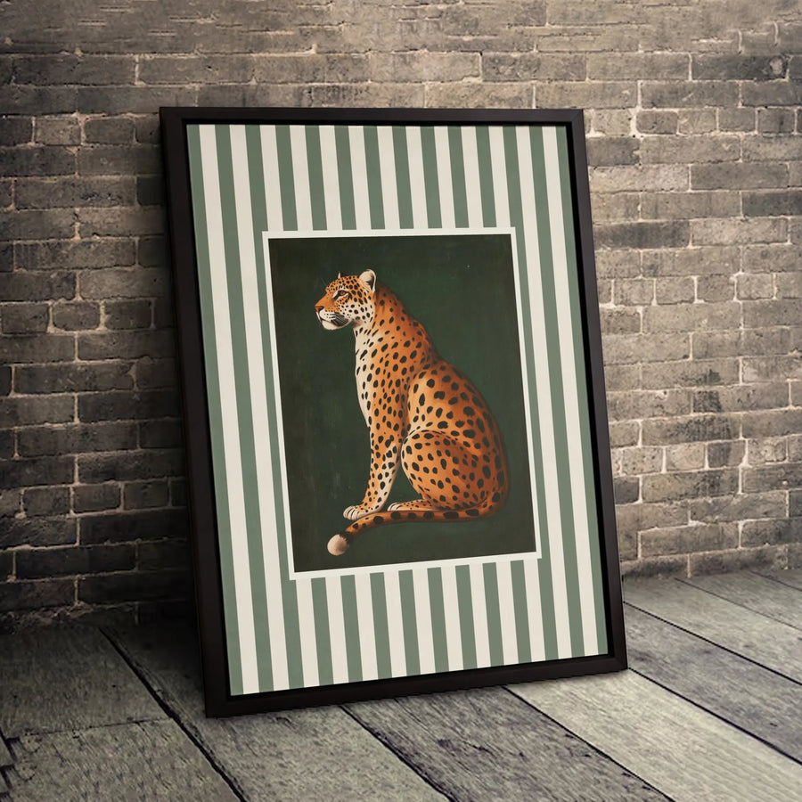 Seated Leopard Wall Art | Vintage Safari Animal Print with Green Stripes | Premium Gallery-Wrapped Canvas | Sophisticated Home Decor Gift
