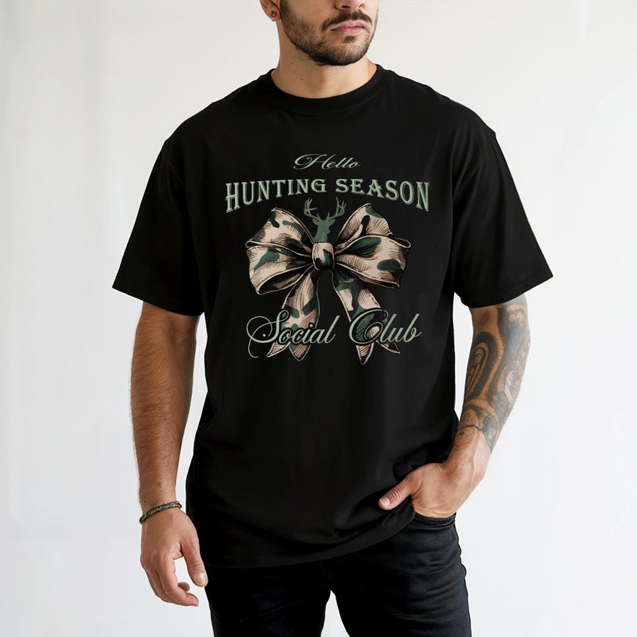 Hello Hunting Season T-Shirt | Camo Coquette Bow Graphic | 100% Cotton Premium Tee | Trendy Outdoors Aesthetic Gift for Women