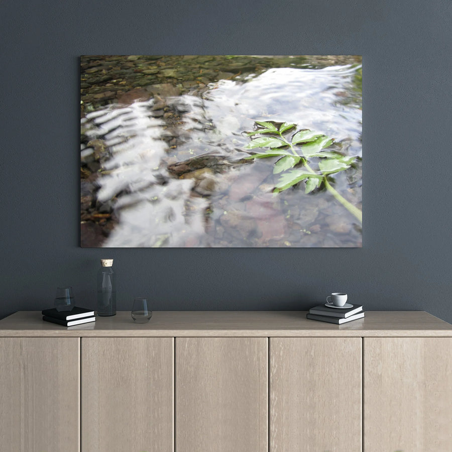 Nature Canvas Wall Art | Green Leaf Floating in Rippling Stream | Premium Gallery Wrap Wooden Frame | Serene Landscape Decor for Home or Office