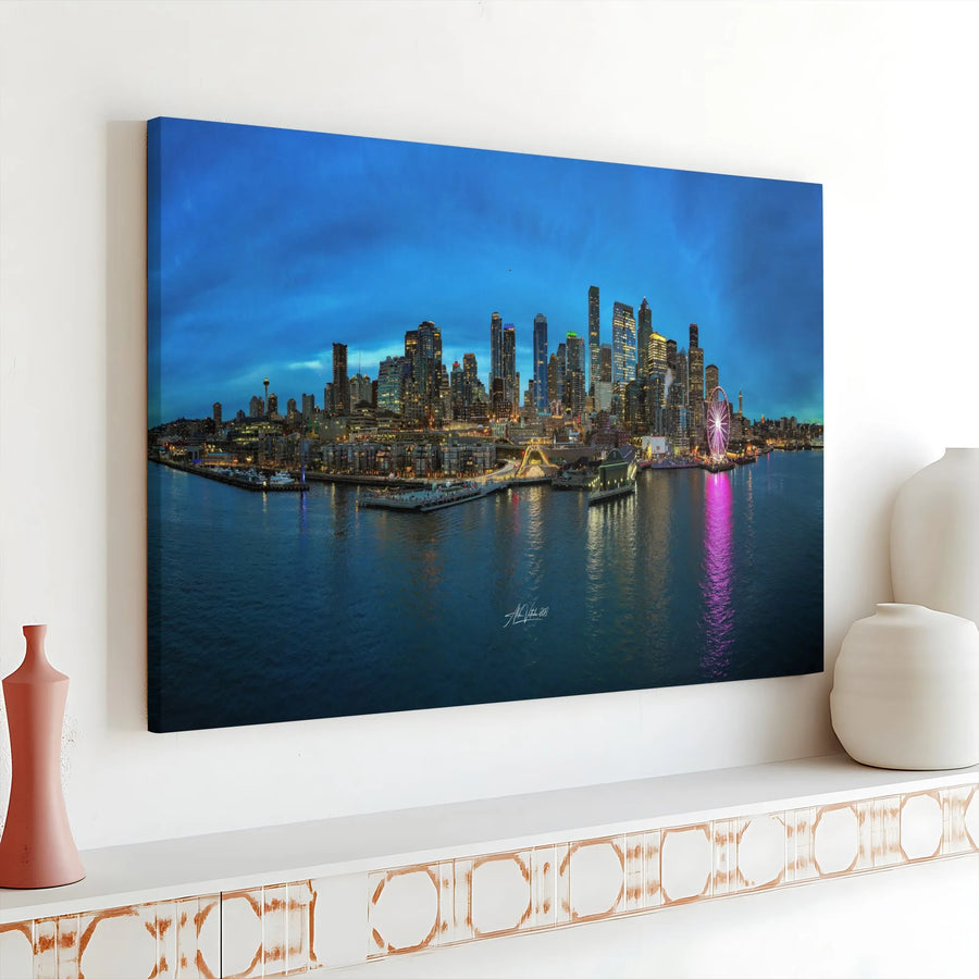 Seattle Skyline Canvas Wall Art | Panoramic Cityscape Photography at Night | Premium Fade-Resistant Print | Modern Living Room & Office Decor Gift