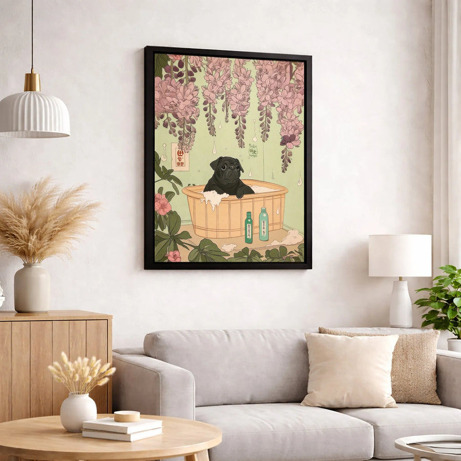 Black Pug Wall Art | Japanese Ukiyo-e Wisteria Bath Print | Premium Gallery Wrapped Canvas | Whimsical Dog Lover Home Decor Gift