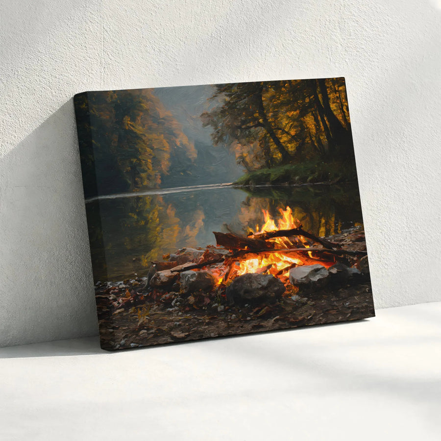 Autumn River Campfire Canvas Art | Cozy Forest Landscape Print | Premium 1.25 Inch Gallery Wrap | Rustic Home Decor Gift