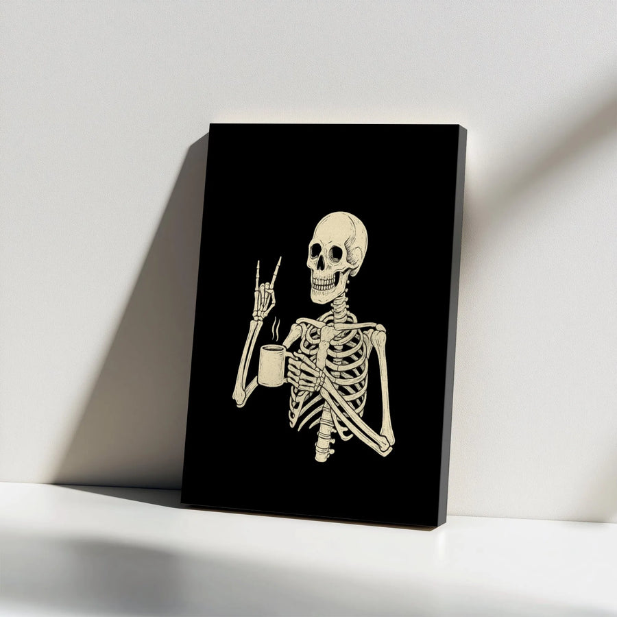 Skeleton Coffee Wall Art | Rock On Hand Sign Graphic | 1.25" Premium Stretched Canvas | Gothic Kitchen Decor Gift for Coffee Lovers