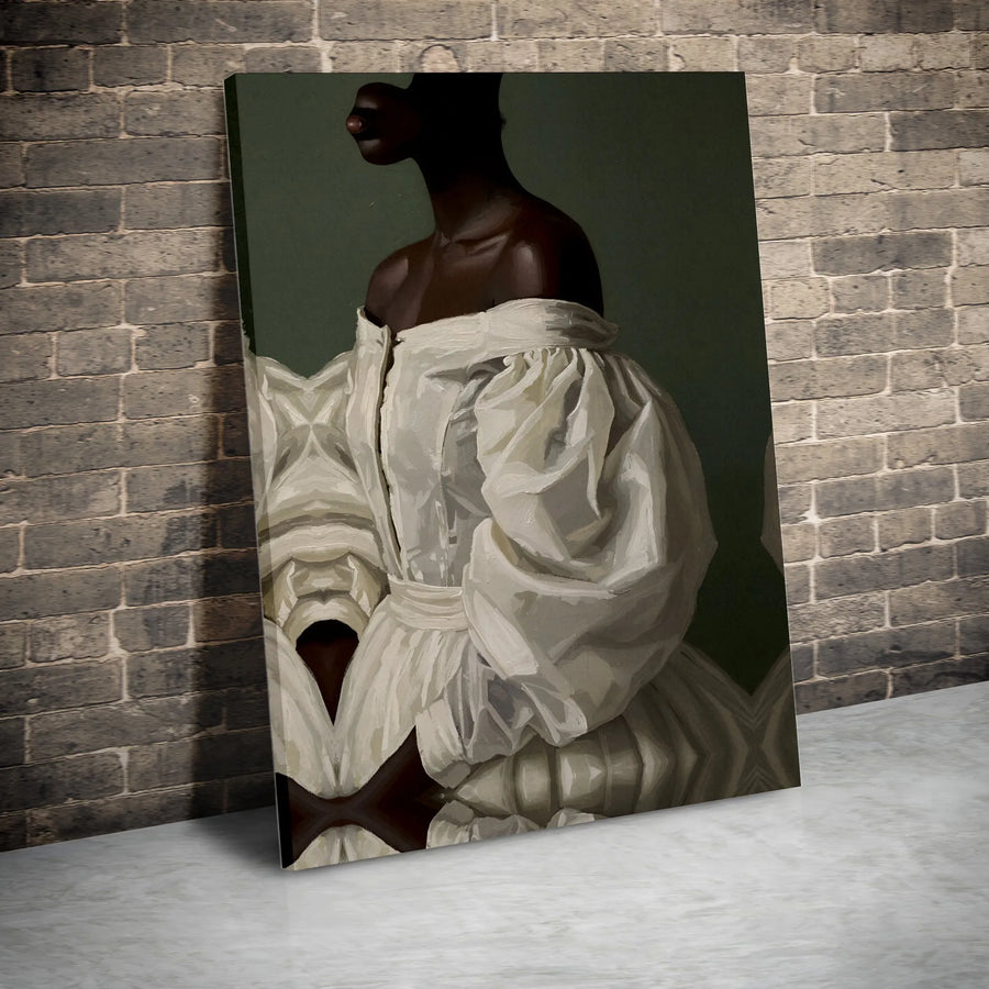 Black Woman Portrait Wall Art | Elegant White Gown Oil Painting Style | Premium Gallery Wrap Canvas | Sophisticated Home Decor Gift