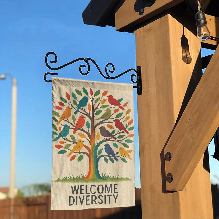Welcome Diversity Garden Flag | Colorful Bird Tree Illustration | Premium Weather-Resistant Polyester | Equality and Community Pride Yard Decor Gift