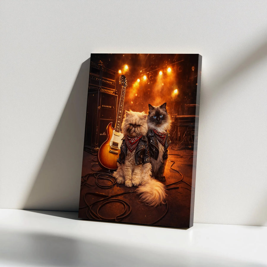 Rockstar Cats Canvas Wall Art | Funny Biker Cat Portrait with Guitar | Premium 1.25" Thick Profile | Unique Gift for Cat Lover & Musician