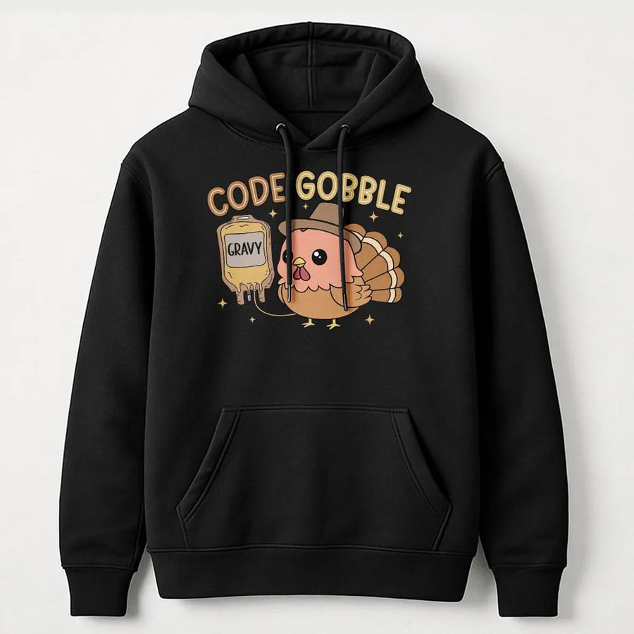 Funny Nurse Thanksgiving Hoodie | Code Gobble Turkey Graphic | Premium Cotton Blend Sweatshirt | Gift for RN CNA ER Nurse Crew